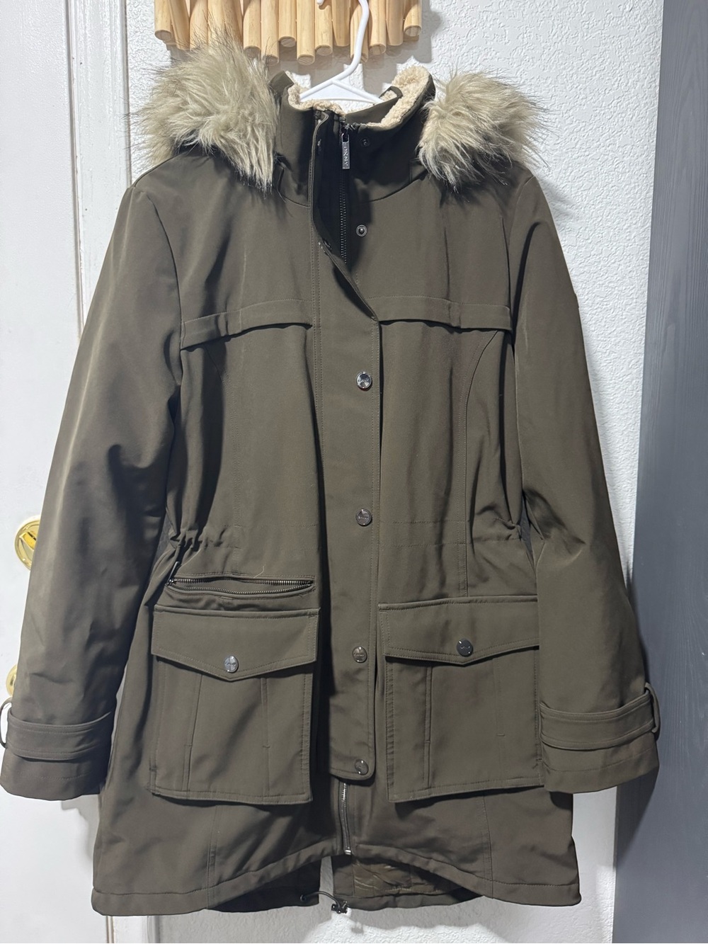 DKNY Olive Green Parka Coat with Faux Fur Hood